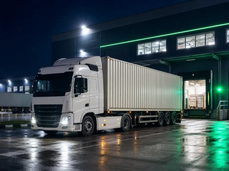 Xe container trắng tại khu vực kho vận hành ban đêm