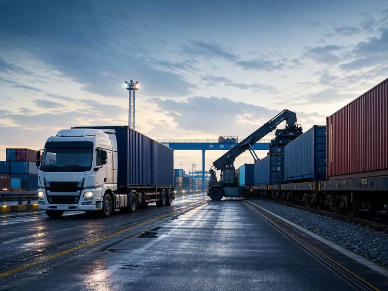 Xe container trong bãi trung chuyển đa phương thức cạnh đường sắt